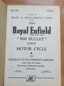 Royal Enfield 500 Bullet OHV Spares and Replacement Parts booklet (1961)