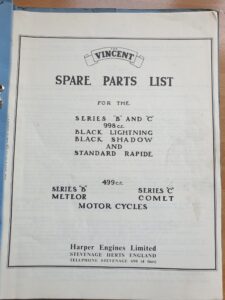 Vincent Spare Parts List – Black Lightning and Shadow – Rapide – Meteor and Comet