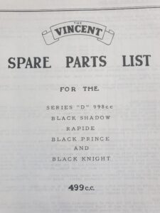 Vincent Spare Parts List for Black Shadow Rapide Black Prince and Black Knight