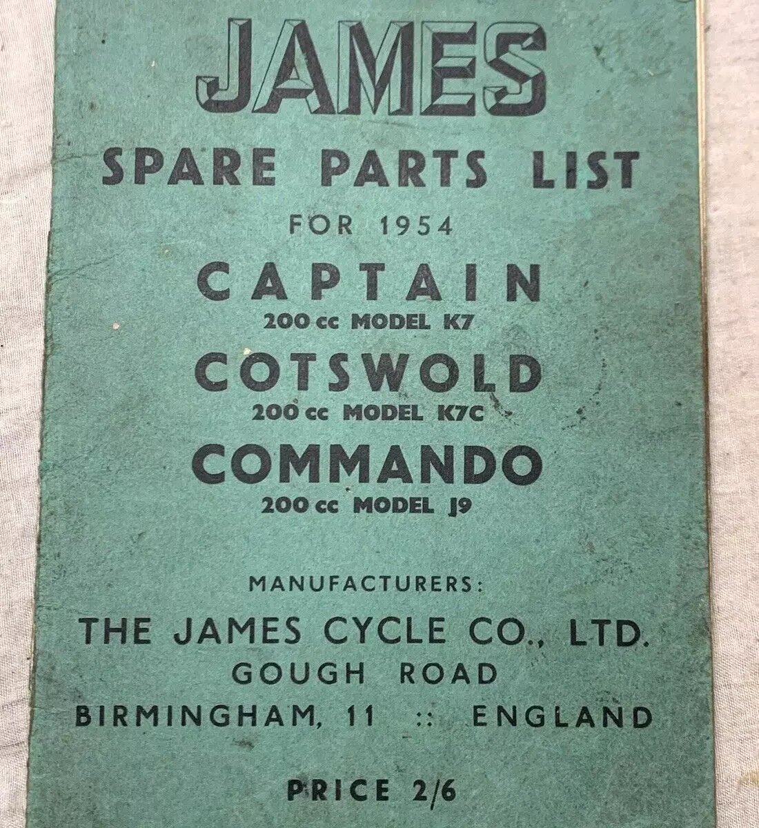 JAMES (CAPTAIN COTSWOLD COMMANDO) SPARE PARTS BOOK MANUAL 1954