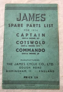 JAMES (CAPTAIN COTSWOLD COMMANDO) SPARE PARTS BOOK MANUAL 1954