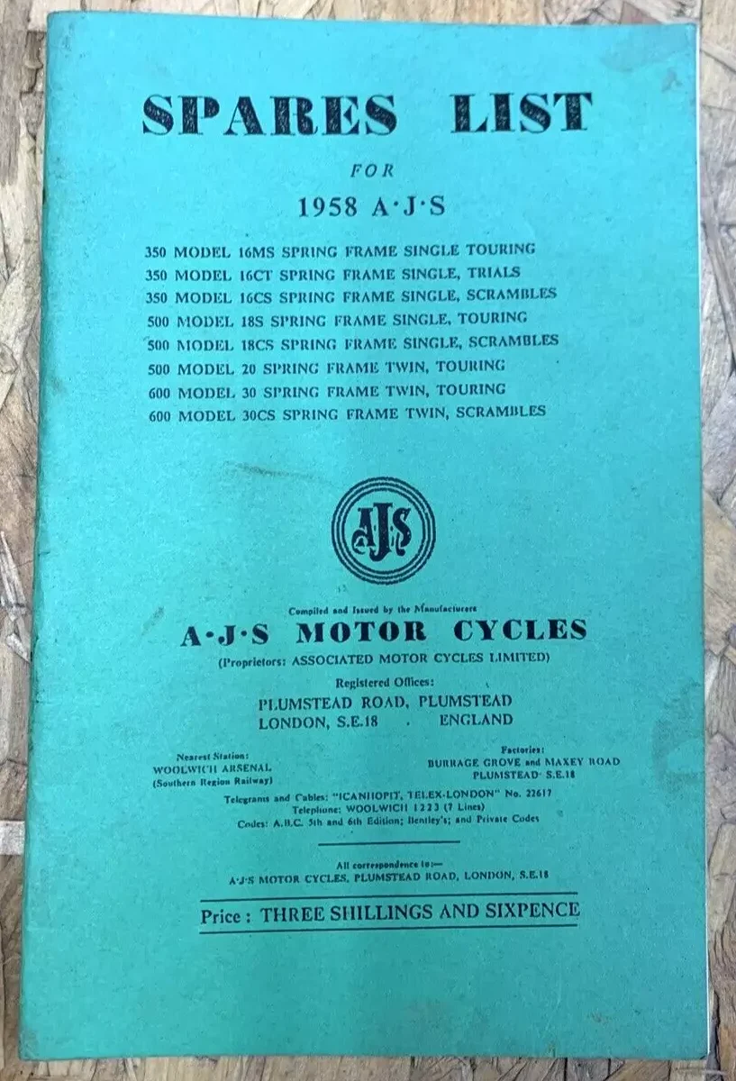 AJS SINGLE & TWIN SPARE PARTS LIST BOOK MANUAL CATALOGUE 1958